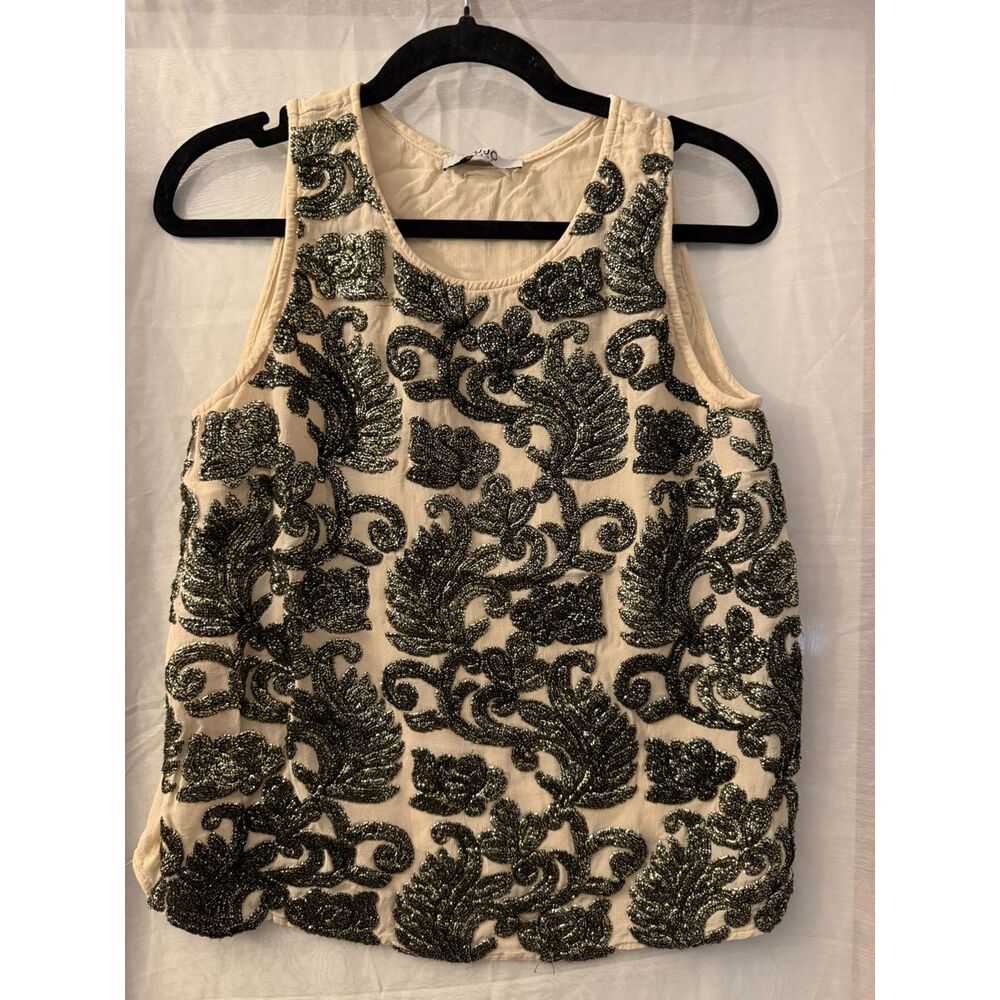 Liu Jo Jeans Cream Black Ornate Embellished Sleeveless Tank Top